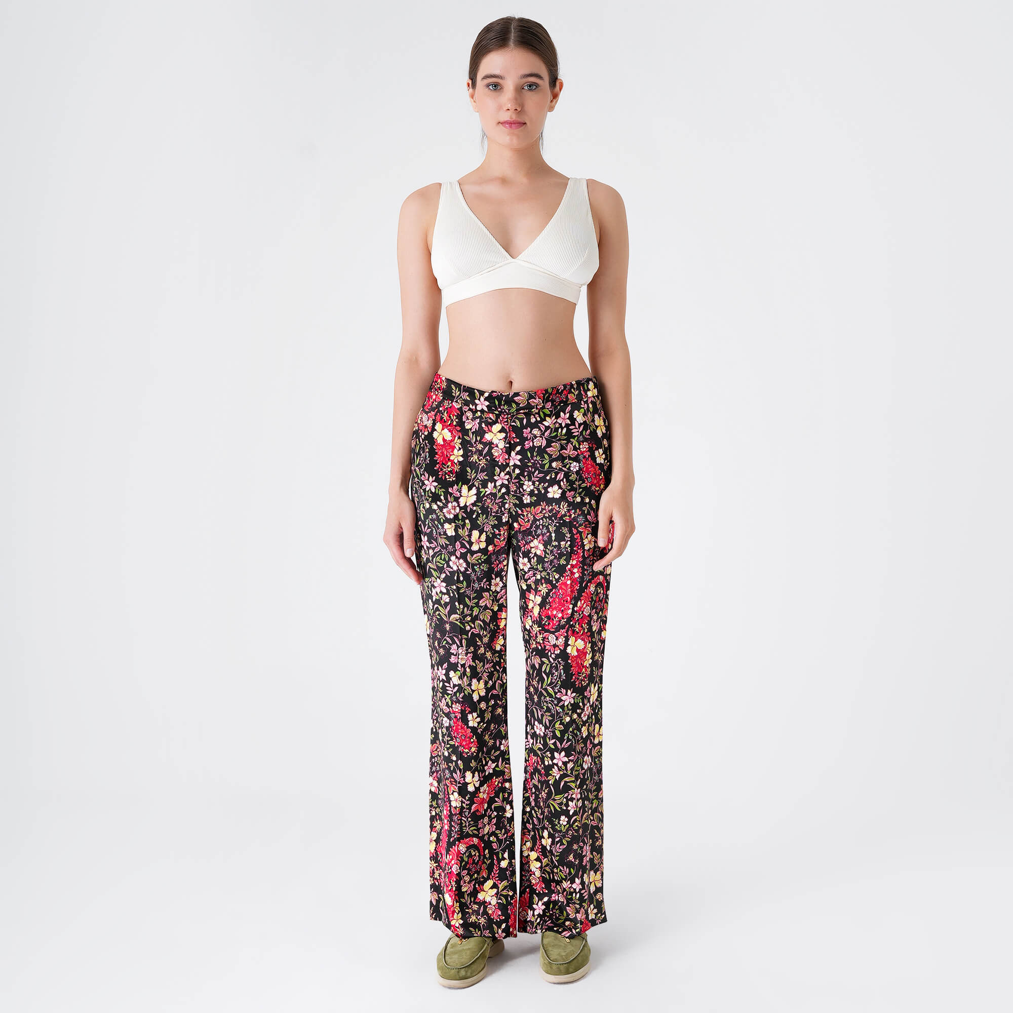 Etro - Black&Multicolor Floral Print Silk Pants